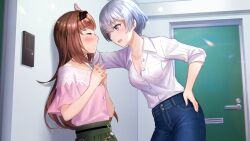 2girls blue_pants blush breast_pocket breasts brown_hair cleavage closed_eyes closed_mouth collarbone collared_shirt cowboy_shot denim dress_shirt fuzichoco game_cg green_skirt grey_hair hand_on_own_hip indoors interlocked_fingers jeans kabedon long_hair looking_at_another marie_mahler medium_breasts multiple_girls non-web_source official_art ohtori_ai open_mouth pants pink_shirt pinstripe_pattern pinstripe_shirt pleated_skirt pocket profile purple_eyes shirt sideways_mouth skirt smile three-quarter_sleeves waiting_for_kiss white_shirt yumeutsutsu_re:master yuri