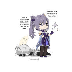 +_+ 1boy 1girl aether_(genshin_impact) artist_name braid chibi chibi_only closed_mouth cone_hair_bun detached_sleeves double_bun dress english_text face_down full_body genshin_impact ghost giving_up_the_ghost gloves grey_eyes grey_hair hair_bun highres keqing_(genshin_impact) long_hair lying nerozero on_stomach smile sparkle standing twintails unconscious