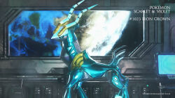 3d aqua_eyes artist_name black_sclera celebi350300687 character_name cinema_4d_(medium) colored_sclera copyright_name creatures_(company) game_freak highres iron_crown metal_skin nintendo no_humans non-humanoid_robot pixel_eyes pokedex_number pokemon pokemon_(creature) pokemon_focus robot robot_animal solo