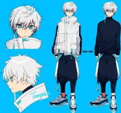 1boy aqua_eyes belt black_pants black_sweater blue_background blue_belt character_name reference_sheet commentary earrings english_commentary jacket jewelry looking_at_viewer looking_down male_focus multiple_views pants reignite shirasu_uni simple_background single_earring sweater tempplex v-shaped_eyebrows white_hair white_jacket