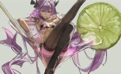 1girl absurdres bikini black_bikini commentary food fruit glaw highres lime_(fruit) lime_slice long_hair original purple_hair solo swimsuit wrist_cuffs