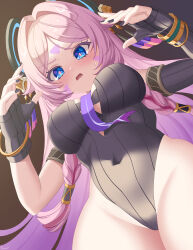 1girl absurdres black_gloves black_leotard black_nails black_sleeves blue_eyes blush braid breasts citlali_(genshin_impact) clothing_cutout facial_mark fingerless_gloves forehead_mark fuyunash1 genshin_impact gloves hair_ornament highres leotard long_hair looking_at_viewer medium_breasts multicolored_hair navel_peek open_mouth pink_hair pink_pupils purple_hair ring_hair_ornament solo triangle triangle_facial_mark twin_braids very_long_hair