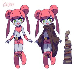 Rule 34 | android, belt, black belt, blunt bangs, boots, brown cloak, character name, cloak, colored skin, dot nose, double bun, facial mark, fang, green eyes, grey skin, hair bun, hamma, highres, hood, hood down, keepley, long hair, multiple views, navel, pink boots, pink hair, pink shirt, pink shorts, shirt, shorts, sideways glance, sleeveless, sleeveless shirt, smile, standing, standing on one leg, thick eyebrows, triangle, triangle facial mark, twintails, villain&#039;s daily life, wrapped