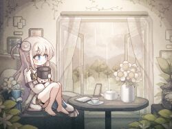 1girl animated animated_gif barefoot blinking blue_eyes couch counter:side cup curtains dress feet flower hair_flower hair_ornament holding holding_stuffed_toy hwaryeok indoors knees_up long_hair looking_afar looking_to_the_side looping_animation official_art on_couch one_side_up open_window picture_frame pixel_art plant potted_plant rain round_table see-through_curtains sitting solo solovey_(counter:side) stuffed_toy table teacup teapot tree vase vines white_dress white_hair window