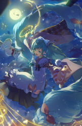 &gt;_&lt; 1girl absurdly_long_hair absurdres animal apron aqua_eyes aqua_hair arm_up backlighting badge beamed_sixteenth_notes blurry blurry_foreground boots bow box braid brown_bow brown_kimono brown_skirt carrot_slice checkered_clothes checkered_kimono chef_hat cloud cloudy_sky commentary earrings floating_hair food food_print full_moon gift gift_box glint green_pepper hair_bow hair_ornament hairclip hardboiled_egg hat hatsune_miku high_heel_boots high_heels highres holding holding_gift holding_ladle index_finger_raised japanese_clothes jewelry kamatoyu kappougi kimono ladle light_particles long_hair long_skirt looking_at_viewer lotus_root low_twin_braids magic midair moon musical_note neckerchief night night_sky open_mouth outstretched_arms pleated_skirt rabbit rabbit_yukine red_bow red_neckerchief reindeer sixteenth_note skirt sky sleigh smile snowflake_print solo sparkle spoon_hair_ornament squash musical_staff star-shaped_food star_(symbol) star_earrings striped_sleeves treble_clef twin_braids twintails vegetable_print very_long_hair vocaloid white_apron white_bow wide_sleeves yuki_miku yuki_miku_(2024)