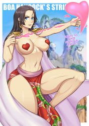 1girl amazon_lily arrow_(projectile) black_hair blue_eyes blue_sky boa_hancock breasts cape earrings english_text heart jewelry looking_at_viewer one_piece outdoors pasties redjet sky solo standing standing_on_one_leg tagme