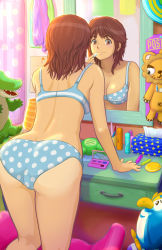 1girl amagami applying_makeup applying_own_makeup ass back bakadere blue_bra blue_panties bra breasts brown_eyes brown_hair chair cosmetics crocodile crocodilian female_focus from_behind hair_dryer haitaka indoors kneepits leaning_forward lingerie lipstick_tube makeup medium_breasts messy_hair mirror panties polka_dot polka_dot_bra polka_dot_panties reflection revision room sakurai_rihoko scarf smile solo star_(symbol) star_print stuffed_animal stuffed_crocodile stuffed_lion stuffed_penguin stuffed_toy table thighs tissue tissue_box towel underwear underwear_only unworn_scarf vanity_table
