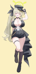 1girl absurdres belt black_gloves black_hat black_shorts black_socks black_vest blue_archive blush breasts closed_eyes commentary_request cosplay facing_viewer fingerless_gloves full_body gloves green_halo hair_between_eyes halo hat highres idol_clothes kneehighs large_breasts long_hair looking_at_viewer nonomi_(blue_archive) open_mouth paid_reward_available peaked_cap rank_alee serika_(blue_archive) serika_(blue_archive)_(cosplay) serika_(idol)_(blue_archive) short_shorts shorts side_ponytail simple_background smile socks solo standing standing_on_one_leg teeth thigh_strap thighs upper_teeth_only very_long_hair vest white_belt yellow_background
