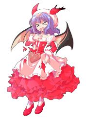 &gt;_&lt; 1girl bandaid bandaid_on_head bare_shoulders bat_wings closed_eyes commentary_request commission dairi detached_sleeves dress facing_viewer fang frilled_dress frills full_body fur-trimmed_sleeves fur_trim hand_on_own_chest hat large_variant_set open_mouth purple_hair red_dress red_shoes red_sleeves remilia_scarlet shoes short_hair skeb_commission solo standing strapless strapless_dress tachi-e tongue tongue_out torn_clothes torn_dress torn_hat touhou transparent_background variant_set white_hat wings