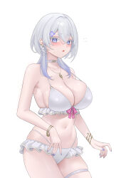 1girl absurdres armpit_crease bangle bare_shoulders bikini blush bracelet breasts choker cleavage colored_eyelashes commentary_request cowboy_shot earrings embarrassed flower frilled_bikini frills gfpebs gradient_hair grey_hair hair_between_eyes hair_flower hair_ornament halterneck highleg highleg_bikini highres jewelry large_breasts long_hair looking_at_viewer mole mole_on_breast multicolored_hair nail_polish navel necklace open_mouth original purple_eyes purple_hair simple_background skindentation solo stomach strap_gap string_bikini swimsuit thigh_strap thighs wet white_background white_bikini white_choker