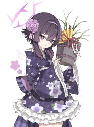Rule 34 | 1girl, absurdres, blue archive, flower, hair between eyes, hair flower, hair ornament, hairband, halo, haruka (blue archive), haruka (new year) (blue archive), highres, holding, holding plant, japanese clothes, jiaenn, kimono, long sleeves, obi, obiage, official alternate costume, plant, potted plant, purple eyes, purple hair, purple halo, purple kimono, sash, solo