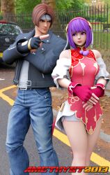 3d asamiya_athena black_jacket brown_hair dress hair_ornament idol jacket kusanagi_kyou psycho_soldier purple_eyes purple_hair red_dress short_hair snk star_(symbol) star_hair_ornament the_king_of_fighters the_king_of_fighters_xv xnalara_(medium)