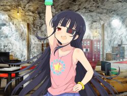 1girl arm_up armpit_crease bangle black_hair blue_skirt blush bookshelf box bracelet breasts cabinet cardboard_box cave chair collarbone computer eyepatch fang flat_chest hanging_light jewelry laptop light_bulb long_hair looking_at_viewer mirai_(senran_kagura) official_art open_mouth pink_tank_top pleated_skirt red_eyes scrunchie senran_kagura senran_kagura_new_link senran_kagura_shoujo-tachi_no_shin&#039;ei skirt solo star_(symbol) table tank_top tomoe_(symbol) wrist_scrunchie yaegashi_nan