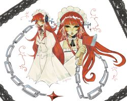 1girl artist_name axe chain commentary dress hair_ribbon highres holding holding_axe lolita_fashion looking_at_viewer meltinii multiple_girls object_through_head persona persona_3 puffy_sleeves ribbon sidelocks symbol-only_commentary white_dress white_headdress yoshino_chidori