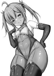 1girl ahoge black_gloves blush bodysuit breasts cameltoe commentary_request covered_navel elbow_gloves gloves greyscale grin hair_between_eyes hair_ribbon hand_on_own_hip hands_on_own_hips highleg highleg_leotard highres index_finger_raised kanna_(minamozuki) leotard mesugaki monochrome original ribbon simple_background skin_tight sleeveless small_breasts smile standing taimanin_(series) taimanin_suit twintails white_background wide_hips