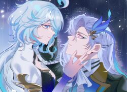 1boy 1girl ahoge black_gloves blue_background blue_eyes blue_hair cleavage_cutout closed_mouth clothing_cutout collared_coat collared_shirt commentary couple dress english_commentary frilled_sleeves frills from_side furina_(genshin_impact) genshin_impact gloves hair_between_eyes hair_ornament hand_on_another&#039;s_cheek hand_on_another&#039;s_face hand_up hands_up hetero highres huge_ahoge kem_(4702ic) leaning_forward long_hair long_sleeves looking_at_another looking_down looking_up multicolored_hair neuvillette_(genshin_impact) parted_lips puffy_long_sleeves puffy_sleeves purple_eyes shirt streaked_hair upper_body wavy_hair
