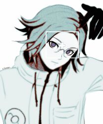 1boy aotsuki_eito black_gloves blue_eyes closed_mouth drawstring glasses gloves hand_up kiteneon long_sleeves looking_at_viewer male_focus parted_hair simple_background solo solo_focus the_hundred_line_-last_defense_academy- upper_body white_background