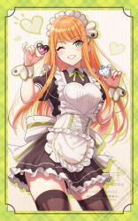 Rule 34 | 1girl, apron, back bow, black shirt, black thighhighs, blush, border, bow, candy, charm (object), chocolate, chocolate heart, collared shirt, commentary request, cowboy shot, floating hair, food, frilled skirt, frills, gakuen idolmaster, green border, green eyes, grin, hair ornament, hairclip, heart, heart-shaped food, holding, holding charm, holding chocolate, holding food, idolmaster, long hair, looking at viewer, maid, maid apron, maid headdress, mole, mole under eye, neck ribbon, one eye closed, orange hair, plaid border, puffy short sleeves, puffy sleeves, ribbon, ribbon-trimmed apron, ribbon trim, shirt, shiun sumika, short sleeves, skirt, smile, solo, striped bow, thighhighs, urabi (tomatohouse), watermark, white apron, wrist cuffs