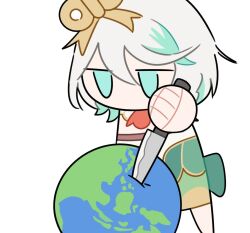 1girl ascot cecilia_immergreen cecilia_immergreen_(1st_costume) chibi chibi_only commentary doll_joints dress earth_(planet) expressionless green_dress green_eyes green_hair holding holding_knife hololive hololive_english isarobn joints knife looking_down multicolored_hair no_mouth planet red_ascot simple_background solo stab two-tone_hair virtual_youtuber white_background white_hair winding_key