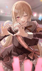 1girl absurdres alternate_costume blurry blush breasts brown_dress brown_hair brown_jacket brown_ribbon character_name chocolate_print commentary_request confetti depth_of_field dress english_text food_print furen_e_lustario gakuen_idolmaster hair_between_eyes hamigaki_(hikaruyusi) happy_mille-feuille_(idolmaster) heart heart_hands heart_print highres idol_clothes idolmaster jacket large_breasts light_particles lightstick long_hair long_sleeves looking_at_viewer nijisanji one_eye_closed open_mouth red_eyes ribbon stage_lights teeth upper_teeth_only virtual_youtuber