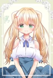 1girl adapted_costume bare_shoulders blonde_hair blue_bow blue_ribbon blue_skirt blush bow clothing_cutout collared_shirt commentary cowboy_shot crying crying_with_eyes_open furrowed_brow green_background green_eyes hair_between_eyes hair_intakes hair_ornament high-waist_skirt highres light_particles long_hair looking_at_viewer neck_ribbon open_mouth puffy_short_sleeves puffy_sleeves ribbon shirt short_sleeves shoulder_cutout sidelocks skirt sleeve_bow solo straight-on summer_pockets sun symbol-only_commentary tears tsumugi_wenders twintails utuigawa v_arms white_shirt x_hair_ornament