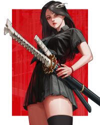 1girl abstract_background absurdres asymmetrical_legwear black_hair black_necktie black_shirt black_skirt black_thighhighs border breasts closed_mouth collared_shirt commentary covered_erect_nipples cowboy_shot english_commentary expressionless from_below glint grey_eyes hair_ornament hand_on_weapon highres large_breasts long_hair miniskirt necktie original outside_border pleated_skirt red_background red_lips sanakk school_uniform serious sheath sheathed shirt shirt_tucked_in short_sleeves sideways_glance single_thighhigh skirt solo standing straight_hair sword thighhighs weapon white_border wing_collar