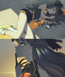 1girl bare_arms bare_shoulders belt black_shorts bow bracelet cellphone clenched_hand expressionless film_grain finger_to_cheek from_above from_side green_eyes hair_bow hair_bun half-closed_eyes hand_up hands_up high_heels highres himitsu_no_aipri himitsupuri igarashi_julia jacket jewelry long_hair looking_ahead lying multicolored_hair multiple_views neon_lights on_ground on_side outdoors parted_lips phone pretty_series shoes short_shorts shorts smartphone socks straight_hair two-tone_hair upper_body white_shoes white_socks