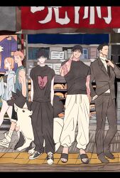 1girl 2others 4boys animal arm_tattoo black_hair black_suit commentary_request facial_mark father_and_son formal_clothes full_body fushiguro_megumi fushiguro_touji gyokuken hand_in_pocket hands_in_pockets highres itadori_yuuji jujutsu_kaisen kugisaki_nobara letterboxed light_brown_hair multiple_boys multiple_others pink_hair profile sandals shirt shiu_kong shoes short_hair sleeveless smile sneakers spiked_hair suit t-shirt takeuchi_ryousuke tattoo wolf