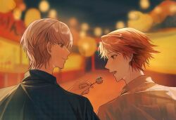 2boys blurry blurry_background blush brown_eyes brown_hair closed_mouth commentary_request festival food grey_eyes grey_hair hanamura_yousuke holding holding_food japanese_clothes kimono looking_at_food male_focus multiple_boys narukami_yu night night_sky open_mouth persona persona_4 profile short_hair sky smile takoyaki teeth upper_body upper_teeth_only vodo0711 yukata