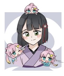 4girls :d anyoji_hime black_hair blonde_hair blue_eyes blue_kimono blunt_bangs blunt_ends blush bob_cut chibi clone commentary flower flower_knot gradient_hair green_eyes hagoromo hair_flower hair_ornament hairclip highres japanese_clothes kimono link!_like!_love_live! love_live! mihasu_ll mini_person minigirl momose_ginko motion_lines multi-tied_hair multicolored_hair multiple_girls on_head one_eye_closed open_mouth person_on_head person_on_shoulder pink_hair ponytail purple_kimono shawl short_hair smile speed_lines star_(symbol) star_hair_ornament virtual_youtuber white_flower