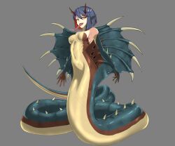 1girl absurdres animal_hood ark_line blue_hair blue_skin breasts brown_scales colored_skin commentary_request completely_nude full_body godzilla_(series) green_scales grey_background highres hood horns king_cobra_(godzilla) lamia long_tongue looking_at_viewer medium_breasts monster_girl multicolored_hair multicolored_skin navel no_nipples no_pussy nude open_mouth personification pointy_ears red_hair ribs sideboob simple_background slit_pupils smile solo spikes stomach tongue tongue_out two-tone_hair yellow_eyes yellow_scales