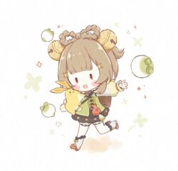 1girl :d arm_up backpack_basket bag basket bell black_dress bloomers blunt_bangs blush blush_stickers boots bow-shaped_hair braid brown_eyes brown_hair chibi commentary_request double-parted_bangs dress flower fur-trimmed_boots fur_trim genshin_impact green_jacket hair_bell hair_flower hair_ornament highres holding holding_stuffed_toy jacket jingle_bell long_sleeves medium_hair open_mouth pigumon puffy_long_sleeves puffy_sleeves radish running sidelocks simple_background smile solid_oval_eyes solo sparkle stuffed_animal stuffed_rabbit stuffed_toy tassel underwear white_background white_bloomers white_boots yaoyao_(genshin_impact) yuegui_(genshin_impact)
