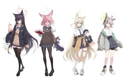 4girls absurdres ahoge alternate_costume animal_ear_fluff animal_ears arm_warmers bag black_choker black_hair black_jacket black_pantyhose black_shoes black_shorts black_socks black_thighhighs blonde_hair blue_archive blue_bag blue_bow blue_eyes blue_skirt blunt_ends blush book bow braid braided_ponytail brown_bag brown_hair brown_jacket brown_sweater_vest casual cellphone choker clothes_around_waist commentary doll doodle_sensei_(blue_archive) drink earphones expressionless flashbang fox_ears fox_girl glasses green_eyes green_halo green_jacket green_shirt grey_bow grey_shoes hair_between_eyes halo highres holding holding_bag holding_book holding_doll holding_drink jacket jacket_around_waist kurumi_(blue_archive) long_hair looking_at_viewer medium_hair milkshake multiple_girls nammmmer necktie niko_(blue_archive) open_mouth otogi_(blue_archive) pantyhose peroro_(blue_archive) phone pink_hair plaid_clothes plaid_skirt red_eyes school_uniform sensei_(blue_archive) shirt shoes shorts shorts_under_skirt sidelocks single_sleeve_past_fingers single_sleeve_past_wrist skirt sleeves_past_fingers sleeves_past_wrists smartphone sneakers socks stuffed_toy sweater_vest thigh_strap thighhighs triangle_halo two_side_up very_long_hair wavecat_(blue_archive) white_background white_shirt yukino_(blue_archive)