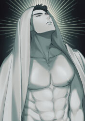 Rule 34 | 1boy, abs, adam&#039;s apple, ao isami, bara, black hair, cloak, facial hair, headscarf, highres, large pectorals, looking up, male focus, muscular, muscular male, naked cloak, navel, nipples, pectorals, sideburns stubble, solo, stomach, stubble, sunburst, thick eyebrows, upper body, yuuki bakuhatsu bang bravern, yuzuki (hmr813k)