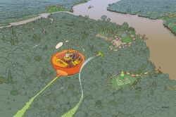 1boy aircraft architecture bird boat building day driving forest high_up highres landscape moebius nature original outdoors plant river rock scenery signature smoke solo statue surreal tree water watercraft wide_shot