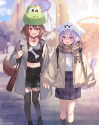 2girls absurdres black_shirt blouse boo_(mario) braid character_hat day fukahire_(ruinon) hair_between_eyes highres holding_hands hololive hololive_gamers inugami_korone kneehighs mario_(series) multiple_girls nekomata_okayu nintendo outdoors plaid_clothes plaid_skirt shirt skirt socks thighhighs twin_braids twitter_username virtual_youtuber white_shirt yoshi