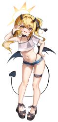 1girl absurdres bikini bikini_under_clothes black_bikini black_choker black_horns black_ribbon black_tail black_wings blonde_hair blue_archive blue_shorts blush choker commentary crop_top cutoffs demon_girl demon_horns demon_tail demon_wings denim denim_shorts exposed_pocket fang feet flat_chest full_body gluteal_fold hair_ribbon halo hand_on_own_hip heart heart_o-ring highleg highleg_bikini highres horns ibuki_(blue_archive) loli looking_at_viewer low_wings micro_shorts mikiri mole mole_on_leg navel o-ring open_mouth ribbon sandals see-through_clothes see-through_shirt shirt short_sleeves shorts side_ponytail simple_background single_sleeve skin_fang skindentation smile solo standing string_bikini swimsuit tail thigh_strap toes w white_background white_shirt wings yellow_eyes yellow_halo