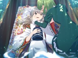 2girls :d blue_skirt coffin commentary_request daisy_(flower) dress flower ghost_tail green_dress green_hair grey_eyes grey_hair hand_on_another&#039;s_cheek hand_on_another&#039;s_face hat japanese_clothes juliet_sleeves kariginu lily_(flower) long_hair long_sleeves lying mononobe_no_futo multiple_girls on_back open_mouth petals puffy_sleeves redrawn resurrection ribbon-trimmed_sleeves ribbon_trim short_hair skirt smile soga_no_tojiko sunlight takuzui tate_eboshi tearing_up tears teeth touhou unworn_hat unworn_headwear upper_teeth_only white_flower wide_sleeves wiping_tears