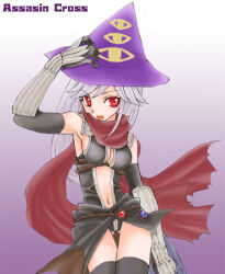 Rule 34 | 1girl, armor, assassin cross (ragnarok online), black cape, black gloves, black leotard, black thighhighs, breasts, cape, character name, commentary request, cowboy shot, dagger, elbow gloves, eye print, gloves, gradient background, grey hair, hand on headwear, haruhana1104, hat, holding, holding dagger, holding knife, holding weapon, jamadhar, knife, leotard, long hair, looking at viewer, medium breasts, navel, open mouth, pauldrons, print hat, purple background, purple hat, ragnarok online, red eyes, red scarf, revealing clothes, scarf, shoulder armor, smile, solo, thighhighs, torn clothes, torn scarf, vambraces, waist cape, weapon, white background, witch hat