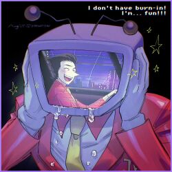 Rule 34 | 2boys, ant tenna, artist name, black background, black hair, blush, border, closed eyes, collared shirt, commentary request, crt, crying, dated, deltarune, english text, gloves, hair slicked back, male focus, multiple boys, necktie, object head, open mouth, pointy nose, purple border, shirt, short hair, simple background, smile, spamton g. spamton, spamton g. spamton (big shot), star (symbol), tailcoat, tears, teeth, twitter username, upper teeth only, white gloves, white shirt, yellow necktie, yomunow
