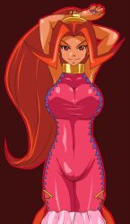 armpits arms_behind_head big_hair bodysuit bracelet breasts brown_background cellshadfan covered_navel dark-skinned_female dark_skin din evil_smile highres jewelry large_breasts long_hair nail_polish neck_ring nintendo orange_hair pointy_hair ponytail red_eyes simple_background skin_tight smile solo the_legend_of_zelda the_legend_of_zelda:_oracle_of_seasons thigh_gap