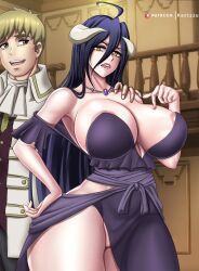 1boy 1boy1girl 1girl albedo_(overlord) annoyed areola_slip black_hair blonde_hair blush breasts demon_girl highres horns interspecies kactzzu large_breasts long_hair no_panties overlord_(maruyama) philip_(overlord) shoulder_grab thick_thighs thighs