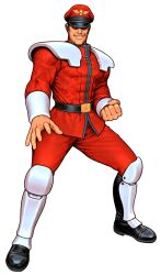 1boy absurdres belt capcom capcom_vs_snk_2 clenched_hand covered_eyes evil_grin evil_smile facing_viewer game_cg grin hat highres knee_pads m._bison male_focus mori_toshiaki muscular muscular_male non-web_source official_art peaked_cap shoulder_pads smile solo street_fighter teeth veins veiny_hands white_background