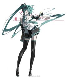 1girl ahoge aqua_eyes aqua_hair aqua_necktie bare_shoulders black_boots black_skirt black_sleeves boots cable cardigan closed_mouth collared_shirt detached_sleeves determined floating_clothes floating_hair full_body hair_between_eyes hair_ornament hair_over_one_eye hatsune_miku headset highres jiu_ye_sang lace lace-trimmed_shirt lace_trim long_hair long_sleeves miniskirt necktie number_tattoo pleated_skirt shirt shoulder_tattoo skirt solo standing tattoo thigh_boots tie_clip twintails very_long_hair vocaloid watermark wavy_hair weibo_watermark white_background white_shirt wide_sleeves