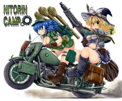 2girls ammunition_belt backpack bag blonde_hair blue_eyes blue_hair bmw boots braid brand_name_imitation breasts cleavage covered_erect_nipples female_focus gloves goggles gun hair_bobbles hair_ornament hat high-explosive_anti-tank_(warhead) kawashiro_nitori kirisame_marisa large_breasts machine_gun man-portable_anti-tank_systems medium_breasts mg42 midriff motor_vehicle motorcycle multiple_girls multiple_riders okiraku_nikku panzerfaust randoseru recoilless_gun short_hair touhou twintails two_side_up vehicle weapon wheelie witch_hat yellow_eyes