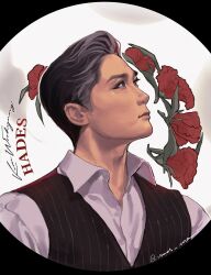 1boy absurdres asian black_hair black_vest character_name closed_mouth collared_shirt flower grey_shirt hades_(hadestown) hadestown highres looking_ahead male_focus realistic red_flower shirt sideburns signature solo striped_clothes striped_vest upper_body vamos_mk vest