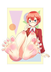 1girl barefoot blue_eyes blush bokutachi_wa_benkyou_ga_dekinai bow feet feet_together female_focus foot_focus glasses hair_bow highres leafar looking_at_viewer no_shoes ogata_rizu red-framed_eyewear red_hair school_uniform short_hair sitting soles solo spread_toes toes