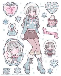 Rule 34 | 1girl, belt, blue boots, blue jacket, boots, brown skirt, chibi, commentary request, cup, fashion, full body, fur trim, highres, hood, hood up, jacket, korean commentary, long hair, looking at viewer, mug, multiple views, mxx025, original, simple background, skirt, snake, snowflakes, white background, white hair