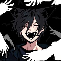 Rule 34 | 1boy, animal ears, bird, black background, black hair, black jacket, chino (sky tanosi), closed eyes, dog boy, dog ears, ear piercing, fangs, jacket, male focus, open mouth, original, piercing, portrait, short hair, simple background, solo, wind