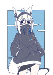 1girl absurdres ahoge animal_ears aoi_himari black_hairband black_jacket blue_background cloud covered_mouth expressionless facing_viewer fox_ears fox_girl fox_tail full-length_zipper glasses hairband hands_in_pockets highres hololive jacket looking_to_the_side paper_texture shirakami_fubuki shirakami_fubuki_(loungewear) standing tail virtual_youtuber white_hair zipper zipper_pull_tab